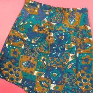 Vintage Mini Skirt Girls Size 8 Blue Teal Floral Cotton Unlined 70s New